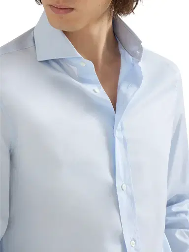Brunello Cucinelli Men's Twill Slim Fit Shirt with Spread Collar - Azure | Thumbnail 4