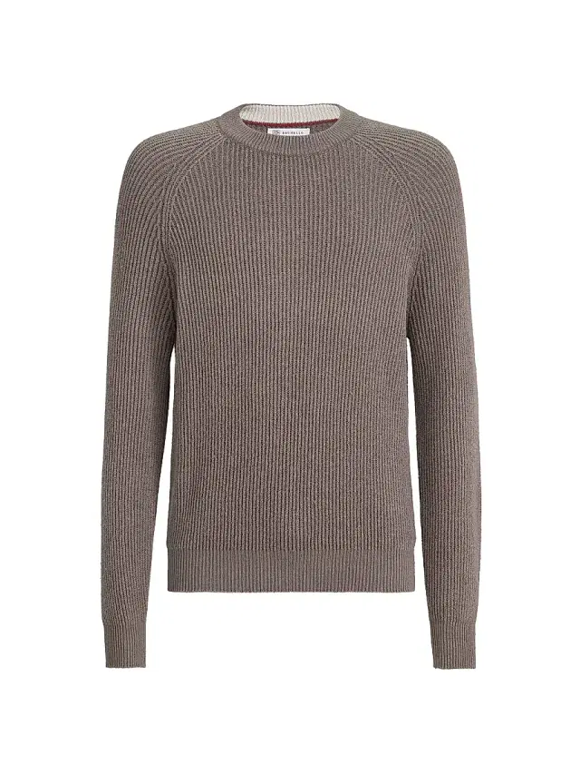 Brunello Cucinelli Men's Malfilé Cotton English Rib Sweater with Raglan Sleeves - Hazelnut
