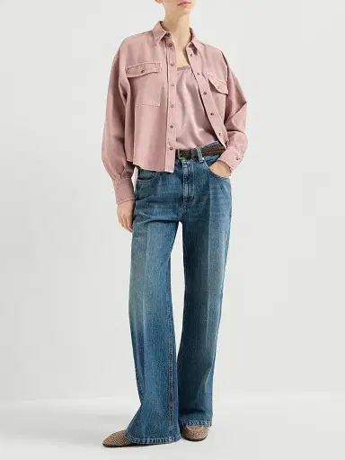 Brunello Cucinelli Women's Garment Dyed Shirt in Cotton and Linen Cover - Pink - Size Large | Thumbnail 6