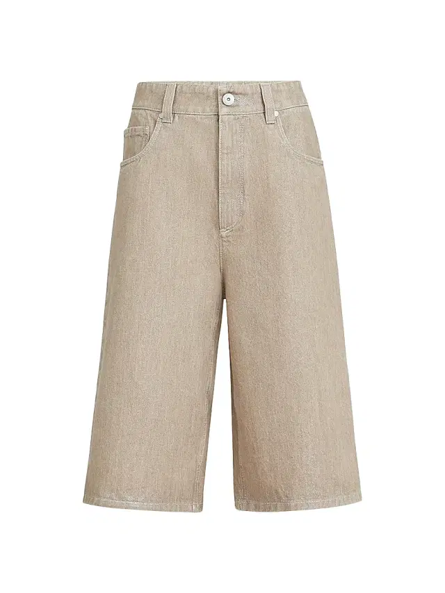 Brunello Cucinelli Women's Beige Lamé Denim Bermuda Shorts - Beige