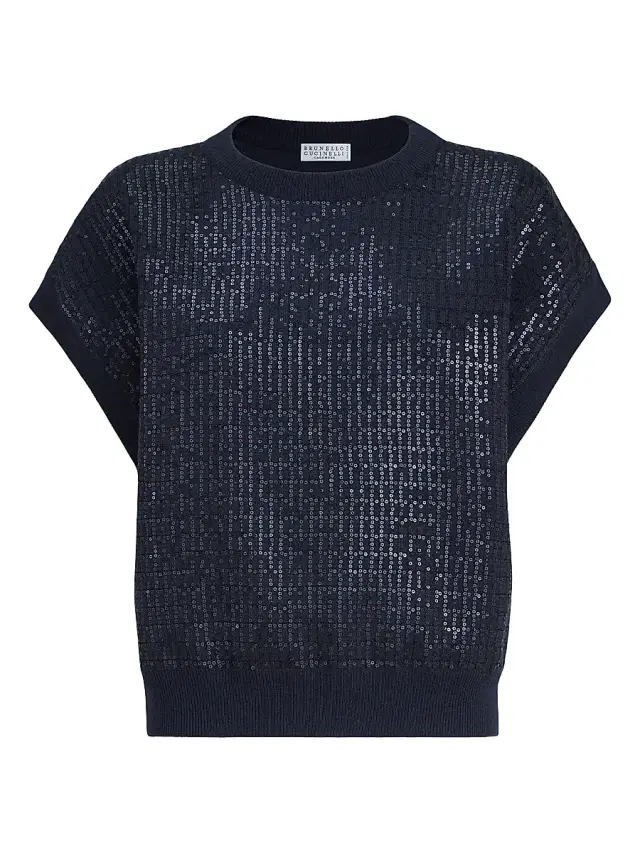 Brunello Cucinelli Women's Virgin Wool, Cashmere and Silk Sweater with Dazzling Check Embroidery - Blue