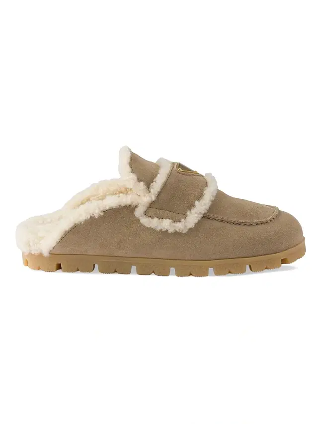 Prada Women's Suede and Shearling Mules - Beige Khaki