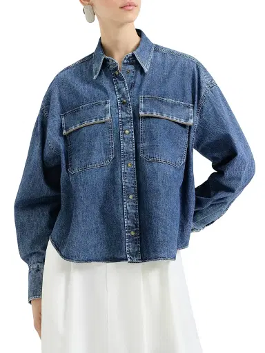 Brunello Cucinelli Women's Lightweight Denim Shirt with Shiny Pockets | Thumbnail 2