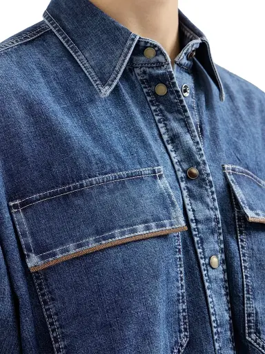 Brunello Cucinelli Women's Lightweight Denim Shirt with Shiny Pockets | Thumbnail 4
