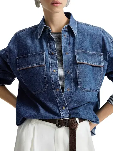 Brunello Cucinelli Women's Lightweight Denim Shirt with Shiny Pockets | Thumbnail 5