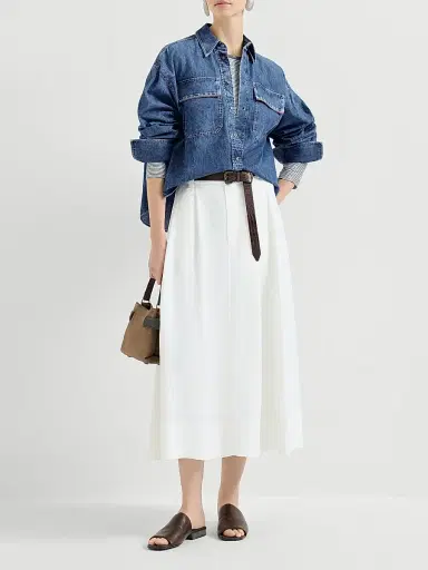 Brunello Cucinelli Women's Lightweight Denim Shirt with Shiny Pockets | Thumbnail 6