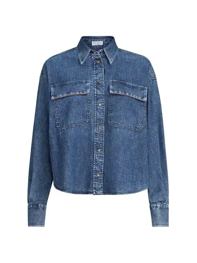 Brunello Cucinelli Women's Lightweight Denim Shirt with Shiny Pockets | Thumbnail 1