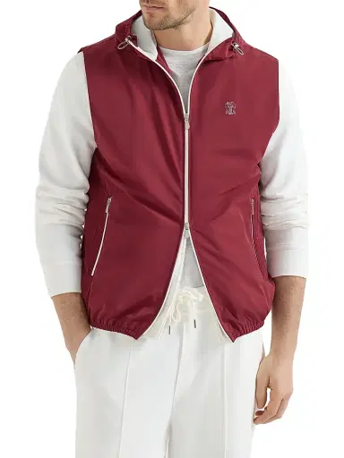 Brunello Cucinelli Men's Bonded Nylon Hooded Vest with Logo - Cherry | Thumbnail 2