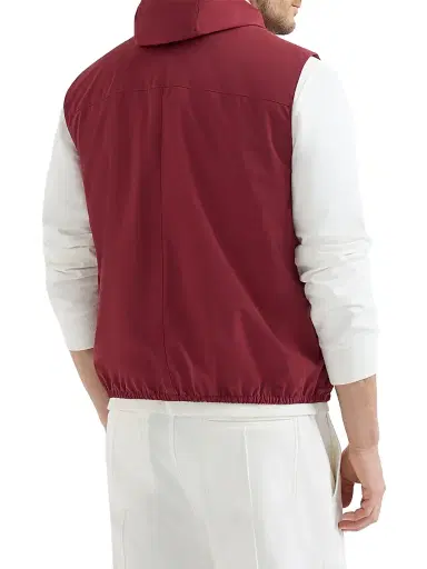 Brunello Cucinelli Men's Bonded Nylon Hooded Vest with Logo - Cherry | Thumbnail 3