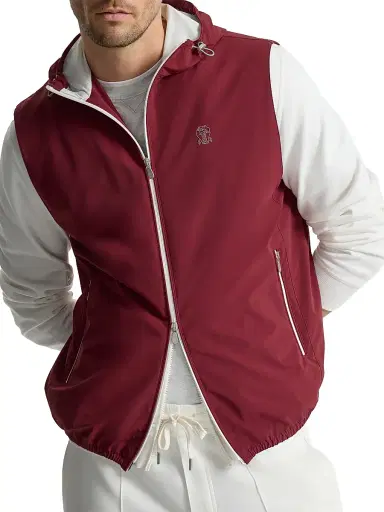Brunello Cucinelli Men's Bonded Nylon Hooded Vest with Logo - Cherry | Thumbnail 4