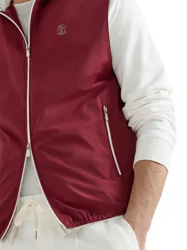 Brunello Cucinelli Men's Bonded Nylon Hooded Vest with Logo - Cherry | Thumbnail 5