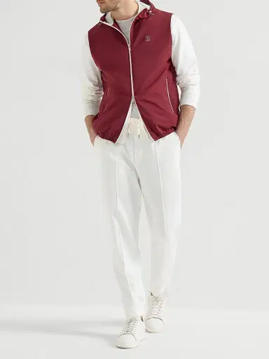 Brunello Cucinelli Men's Bonded Nylon Hooded Vest with Logo - Cherry | Thumbnail 6