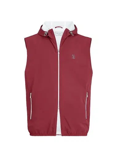 Brunello Cucinelli Men's Bonded Nylon Hooded Vest with Logo - Cherry | Thumbnail 1