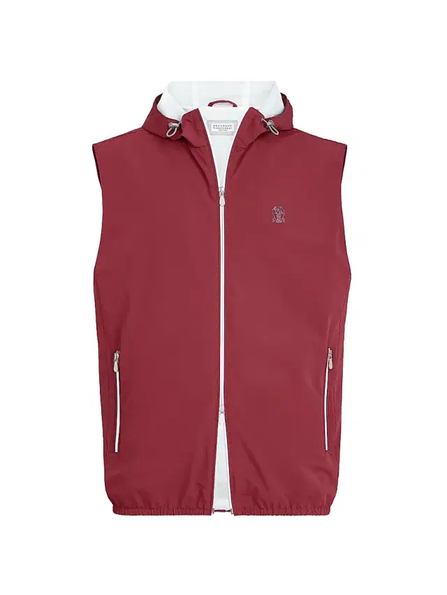 Brunello Cucinelli Men's Bonded Nylon Hooded Vest with Logo - Cherry
