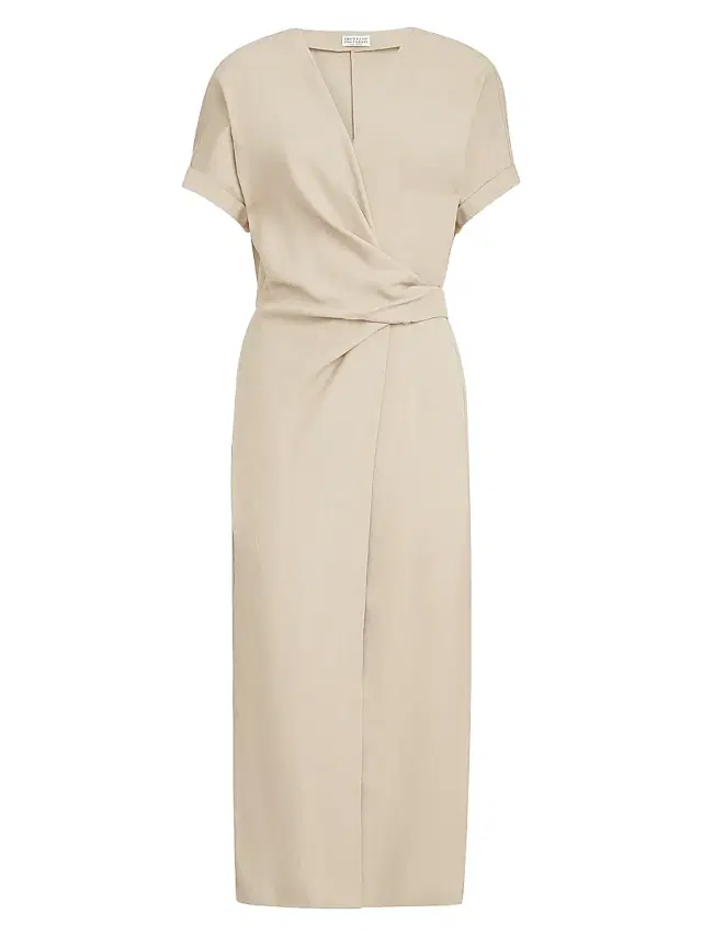 Brunello Cucinelli Women's Viscose and Linen Fluid Twill Wrap Effect Dress with Monili