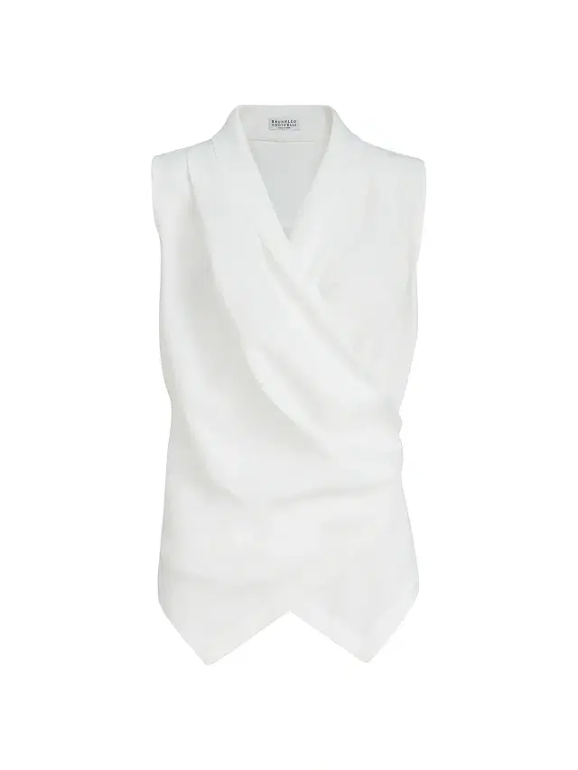 Brunello Cucinelli Women's Viscose and Linen Fluid Twill Vest with Monili - White - Size XL