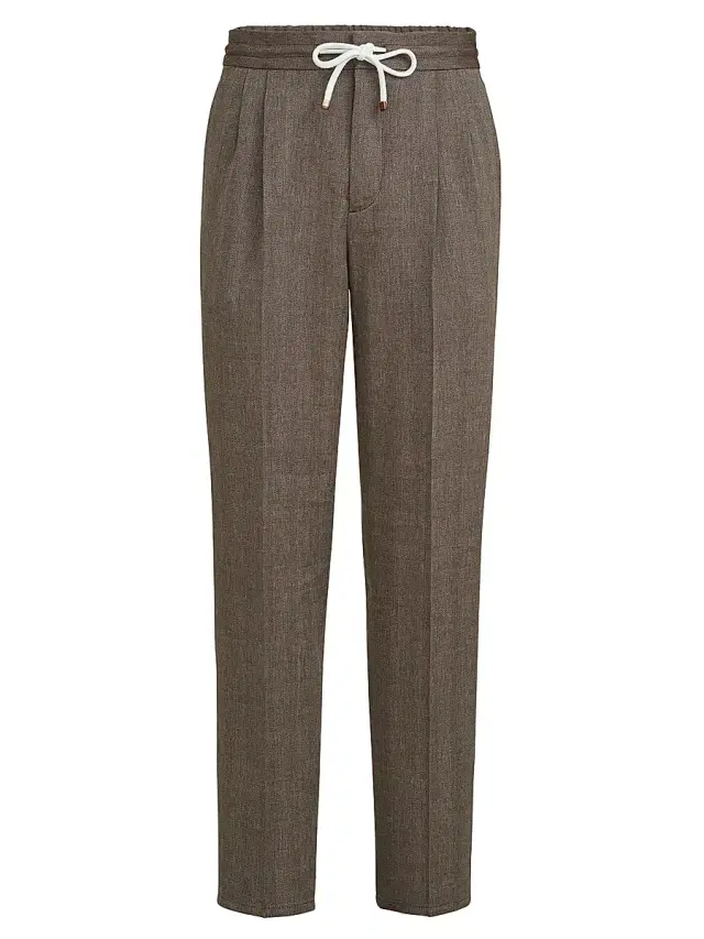 Brunello Cucinelli Men's Linen and Virgin Wool Chevron Trousers with Drawstring and Double Pleats - Hazelnut