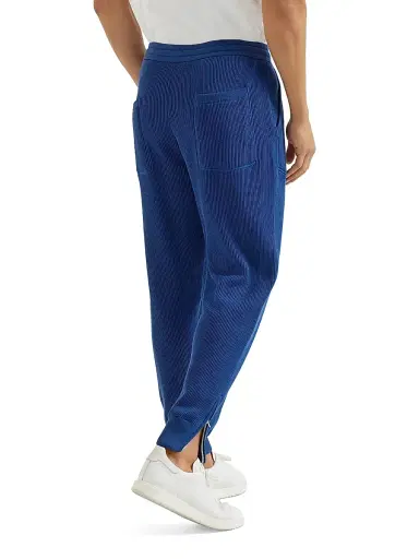Brunello Cucinelli Men's Cotton English Rib Knit Trousers with Zipper Cuffs - Avio Blue | Thumbnail 3 Brunello Cucinelli Men's Cotton English Rib Knit Trousers with Zipper Cuffs - Avio Blue | Thumbnail 3