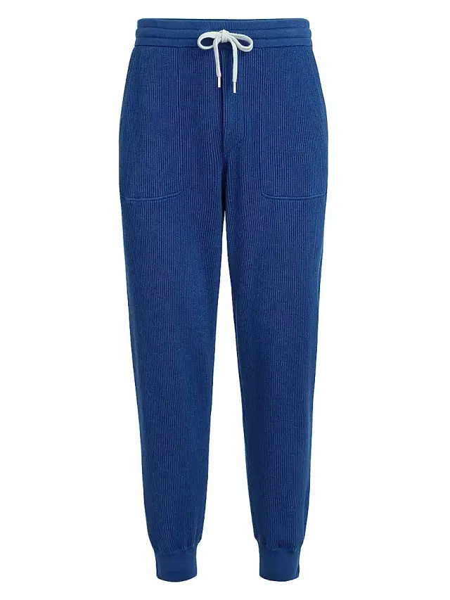 Brunello Cucinelli Men's Cotton English Rib Knit Trousers with Zipper Cuffs - Avio Blue