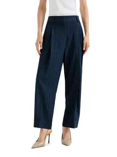 Brunello Cucinelli Women's Dazzling Chalkstripe Slouchy Trousers with Monili - Blue | Thumbnail 2