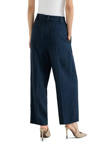 Brunello Cucinelli Women's Dazzling Chalkstripe Slouchy Trousers with Monili - Blue | Thumbnail 3