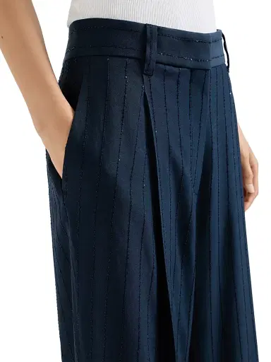 Brunello Cucinelli Women's Dazzling Chalkstripe Slouchy Trousers with Monili - Blue | Thumbnail 4