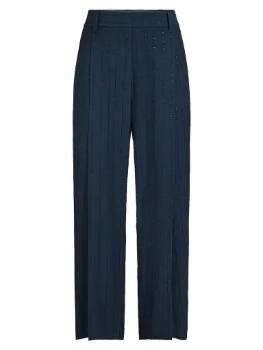 Brunello Cucinelli Women's Dazzling Chalkstripe Slouchy Trousers with Monili - Blue | Thumbnail 1