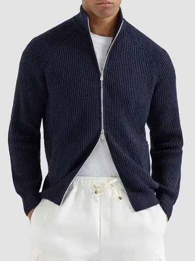 Brunello Cucinelli Men's Malfilé Cotton English Rib Cardigan with Raglan Sleeves - Blue | Thumbnail 2