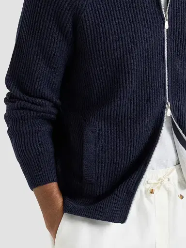 Brunello Cucinelli Men's Malfilé Cotton English Rib Cardigan with Raglan Sleeves - Blue | Thumbnail 4