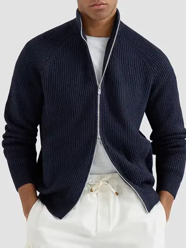 Brunello Cucinelli Men's Malfilé Cotton English Rib Cardigan with Raglan Sleeves - Blue | Thumbnail 5