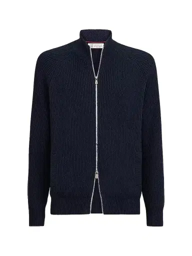 Brunello Cucinelli Men's Malfilé Cotton English Rib Cardigan with Raglan Sleeves - Blue | Thumbnail 1