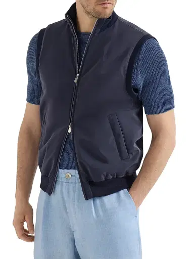 Brunello Cucinelli Men's Bonded Nylon Vest with Thermore Padding - Blue | Thumbnail 2