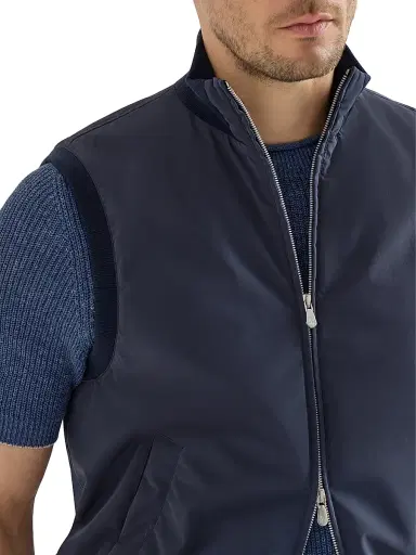Brunello Cucinelli Men's Bonded Nylon Vest with Thermore Padding - Blue | Thumbnail 4