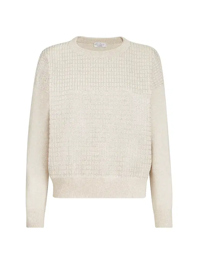 Brunello Cucinelli Women's Virgin Wool, Cashmere and Silk Sweater with Dazzling Check Embroidery - Beige