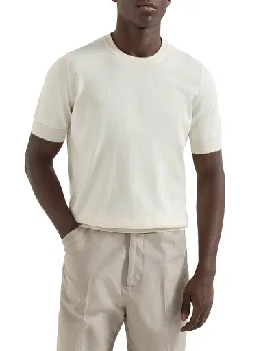 Brunello Cucinelli Men's Cotton Lightweight Knit T-Shirt with Contrast Details - | Thumbnail 2 Brunello Cucinelli Men's Cotton Lightweight Knit T-Shirt with Contrast Details - | Thumbnail 2