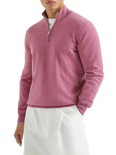 Brunello Cucinelli Men's Cashmere Sweater with Half Zip - Coral | Thumbnail 2