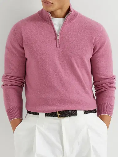 Brunello Cucinelli Men's Cashmere Sweater with Half Zip - Coral | Thumbnail 5