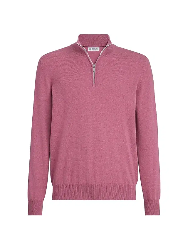 Brunello Cucinelli Men's Cashmere Sweater with Half Zip - Coral
