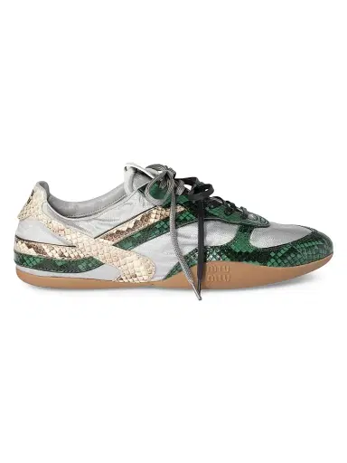 Miu Miu Women's Gymnasium Technical Python-Print Leather Low-Top Sneakers - Grey Blue Pink - Size 7 | Thumbnail 1 Miu Miu Women's Gymnasium Technical Python-Print Leather Low-Top Sneakers - Grey Blue Pink - Size 7 | Thumbnail 1