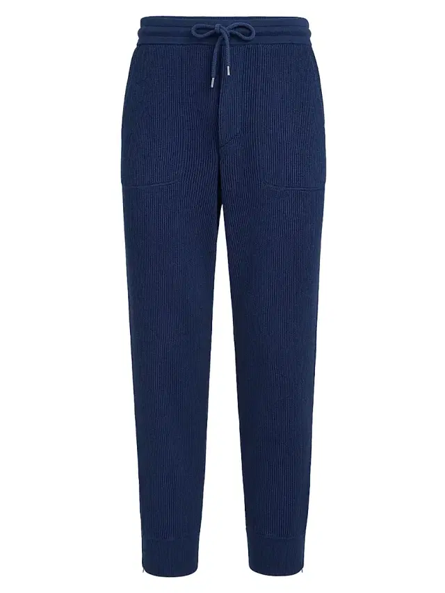 Brunello Cucinelli Men's Cotton English Rib Knit Trousers with Zipper Cuffs - Blue