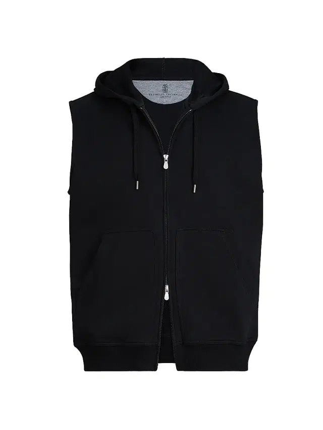 Brunello Cucinelli Men's Techno Cotton French Terry Sleeveless Sweatshirt with Zipper and Hood - Black