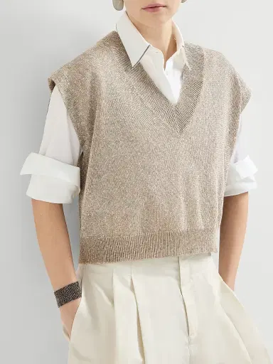 Brunello Cucinelli Women's Linen and Cotton Diamond Yarn Sweater - Light Brown | Thumbnail 5 Brunello Cucinelli Women's Linen and Cotton Diamond Yarn Sweater - Light Brown | Thumbnail 5
