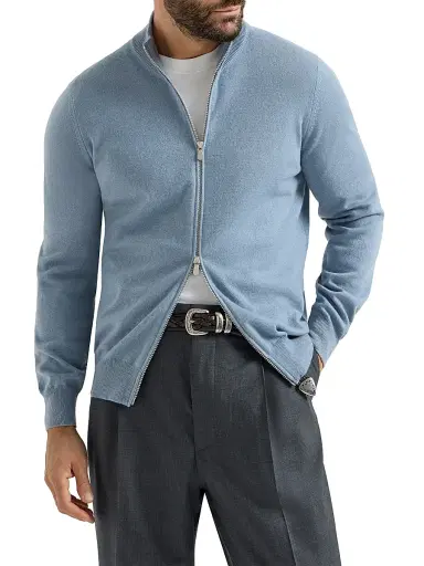 Brunello Cucinelli Men's Cashmere Turtleneck Cardigan with Zipper - Slate | Thumbnail 2 Brunello Cucinelli Men's Cashmere Turtleneck Cardigan with Zipper - Slate | Thumbnail 2