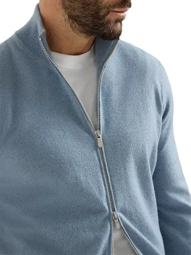Brunello Cucinelli Men's Cashmere Turtleneck Cardigan with Zipper - Slate | Thumbnail 4 Brunello Cucinelli Men's Cashmere Turtleneck Cardigan with Zipper - Slate | Thumbnail 4