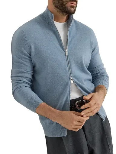 Brunello Cucinelli Men's Cashmere Turtleneck Cardigan with Zipper - Slate | Thumbnail 5 Brunello Cucinelli Men's Cashmere Turtleneck Cardigan with Zipper - Slate | Thumbnail 5