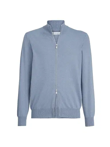 Brunello Cucinelli Men's Cashmere Turtleneck Cardigan with Zipper - Slate | Thumbnail 1 Brunello Cucinelli Men's Cashmere Turtleneck Cardigan with Zipper - Slate | Thumbnail 1