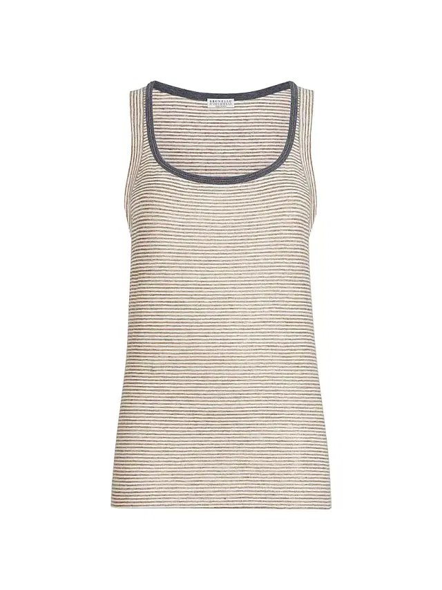 Brunello Cucinelli Women's Striped Linen Lamé Jersey Top with Shiny Trim - Light Brown