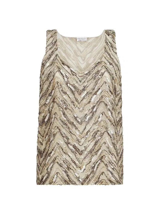 Brunello Cucinelli Women's Crispy Silk Top with Dazzling Chevron Embroidery - Beige