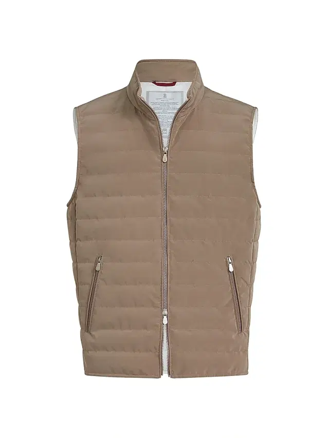 Brunello Cucinelli Men's Bonded Nylon Down Vest - Hazelnut