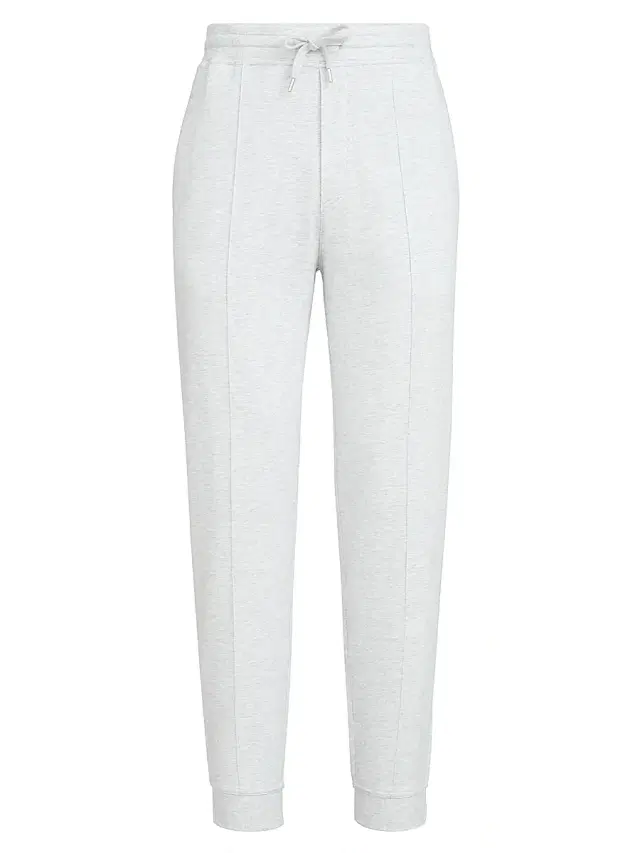 Brunello Cucinelli Men's Techno Cotton French Terry Trousers with Crête Detail - Pearl Grey